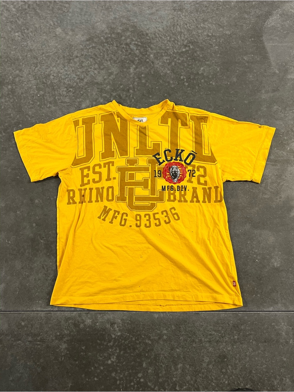 Ecko Unltd Rhino Brand Yellow All Over Graphic V-Neck T-Shirt